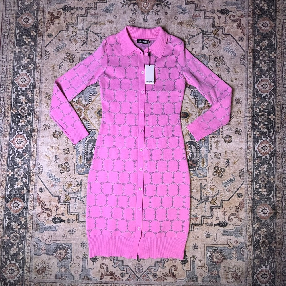 Retrofete Maui Cardigan Pink Martini Glass Knit Button Down Midi Dress XL NEW
